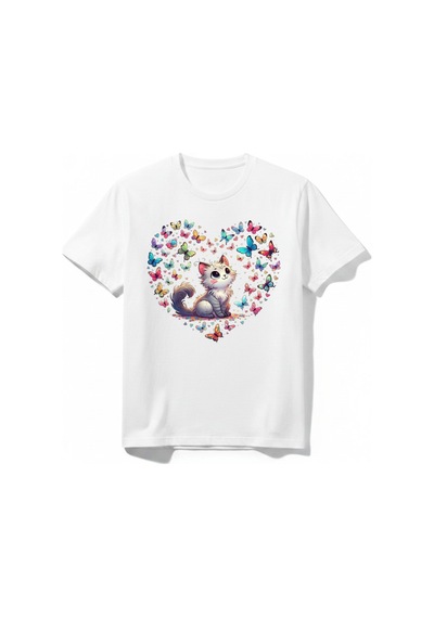Urbantrendstore Kedi Kelebek Temalı Unisex Kız Çocuk Erkek Çocuk Bisiklet Yuvarlak Yaka Basic Kısa Kollu %100 Pamuk Tişört Beyaz