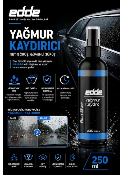 Edde Araba Araç Oto Cam Yağmur Kaydırıcı Ayna Cam Yağmur Suyu Kaydırıcı 250 Ml Oto Detailing