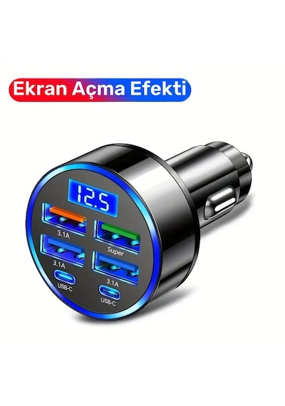 Araç Şarj Cihazı 6 Portlu 2pd + 4usb, Hızlı Şarj, Tip-c, Dijita