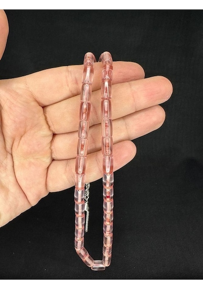 Ateş Kehribar Tesbih Açık Pembe Renkli Kesme Kesim 10,5mmx6mm T-658