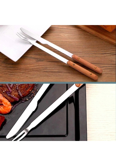 Omeniv Barbekü Mangal Servis Çatalı Bıçağı Ahşap Sap Kamp Bahçe
