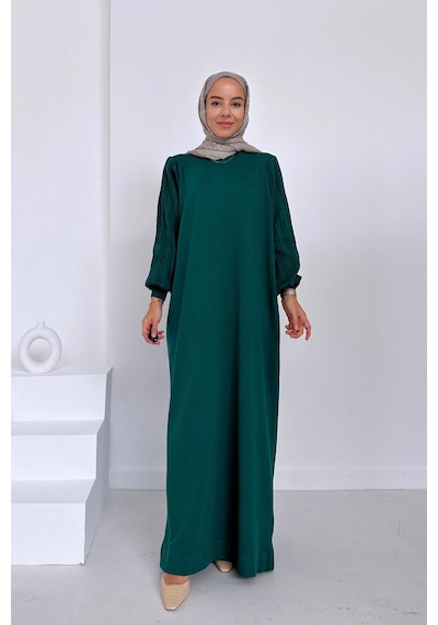 Kahijab Balon Kol Merserize Elbise - Zümrüt Yeşil