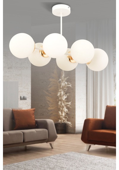 Hira 6'lı Beyaz Glob Camlı Modern Plafonyer Avize Salon Yemek Masası Üstü Beyaz Beyaz