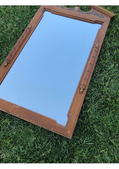 Vintage Ahşap Çerçeveli Oyma Desenli Boy Aynası 53x97cm Eksikli - Kahverengi