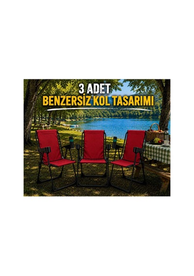 Holiday Kamp Sandalyesi Piknik Katlanır Bardaklıklı Plaj Sandalyesi 3 Adet Kırmızı Kırmızı 3 Adet