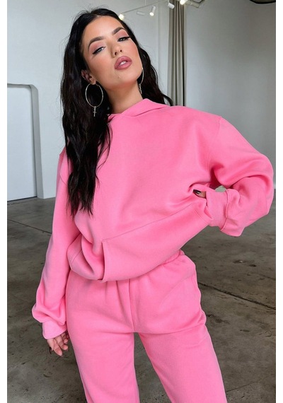 Basic Düz Eşofman Takımı Sweatshirt Jogger - Pembe Oversize Şardonlu Kapüşonlu Pembe
