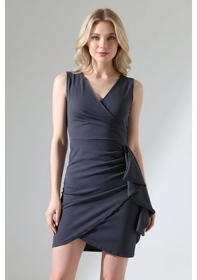 Defymoda Kadın Volanlı Mini Modern Tasarım Elbise Gri