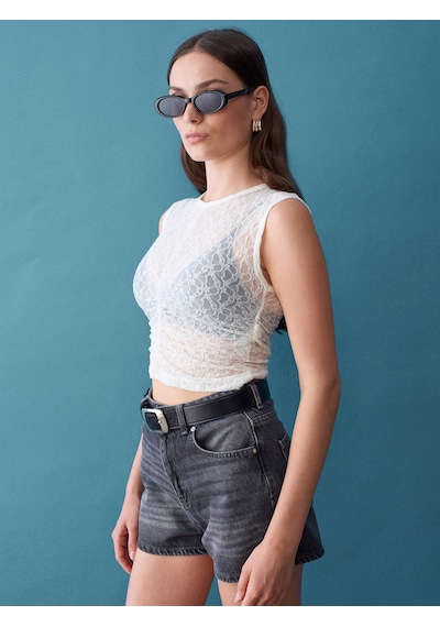 Dilvin 32492 Büzgülü Dantel Top-ekru