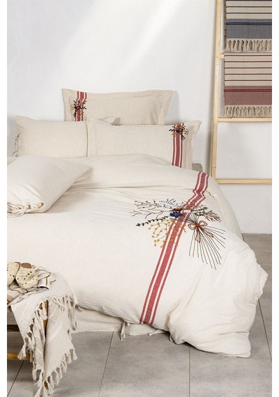 Ecocotton Charla Çift Kişilik Nevresim Takımı %100 Organik Pamuk Kenevir Karışımlı Ekru-kırmızı 200x220 Cm-1206