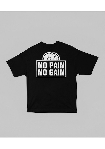 No Pain No Gain Gym Fitness Temalı Oversize Unisex Tişört Siyah