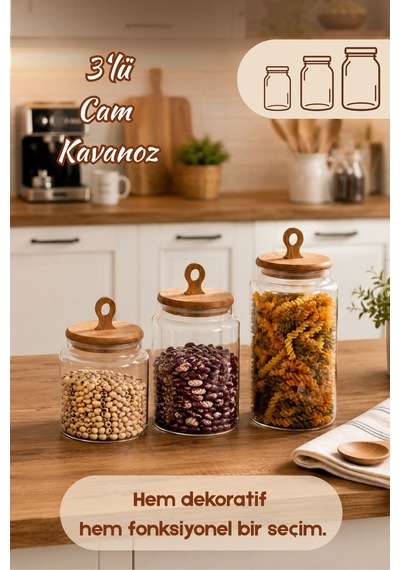 Porsima 4468 Handmade Vakum Kapaklı 3lü Cam Kavanoz Seti Vakum Kapaklı Saklama Düzenleme Kabı Seti Şeffaf