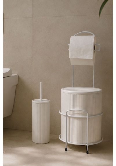 Modern Banyo Seti Kapaklı Çöp Kovası, Tuvalet Kağıtlığı Ve Wc Fırçası Minimal Tasarım Beyaz
