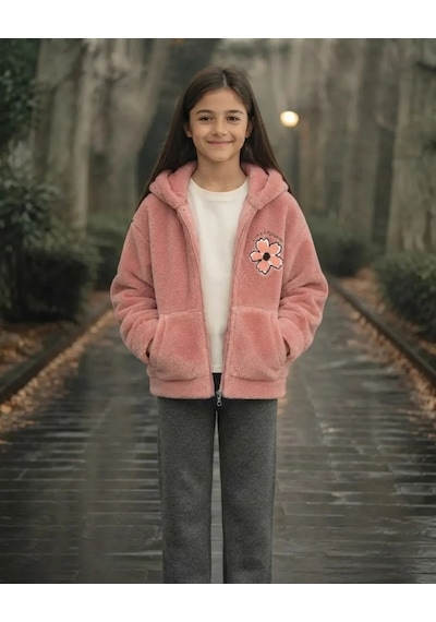 Flower Kız Çocuk Çiçek Nakışlı Pembe Peluş Kapüşonlu Hırka Kışlık
