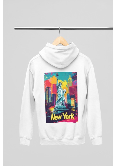 Magors Stıl-x Newyork Baskılı Unısex Kapüşonlu Sweatshırt Beyaz-4