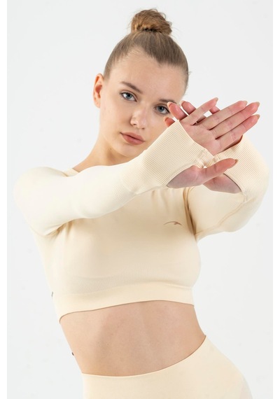Maraton Active Slimfit Kadın Bisiklet Yaka Uzun Kol Training Ekru Crop Top 816005 Ekru