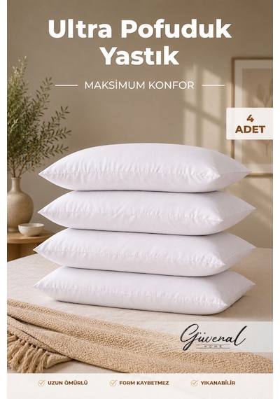 Fluffy 4'lü Silikon Elyaf Dolgulu Yastık Set 800 Gr Ultra Yumuşak Dolgun 50x70 Cm - 4 Adet Yastık Beyaz