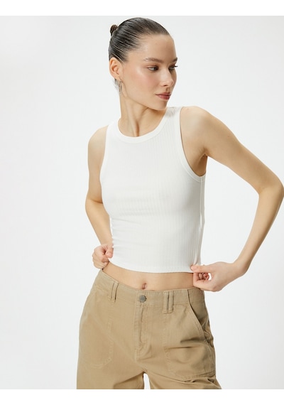 Koton Basic Crop Atlet Bisiklet Yaka Pamuklu Ribanalı Ekru 4sal30089ık 4SAL30089IK010