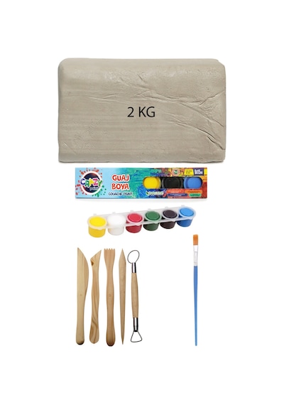 Beyaz Seramik Hamuru 2 Kg Kil Ebeşuar Seti 6x15 Ml Guaj Boya Seti