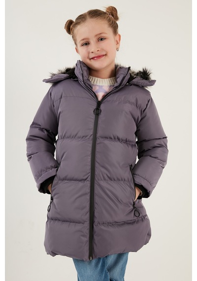 Lela Peluş Astarlı Yakası Suni Kürklü Çıkarılabilir Kapüşonlu Kışlık Kız Çocuk Mont 5760072 Lila