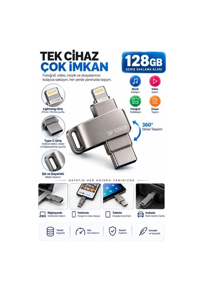 Çoklu Girişli 128gb Lightning Type C Usb Flash Bellek Telefon Tablet Ve Bilgisayar Uyumlu Diğer