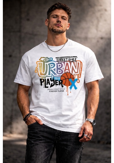 Herkesemoda Street Stayle Yazı Detaylı Basic T-shirt Beyaz