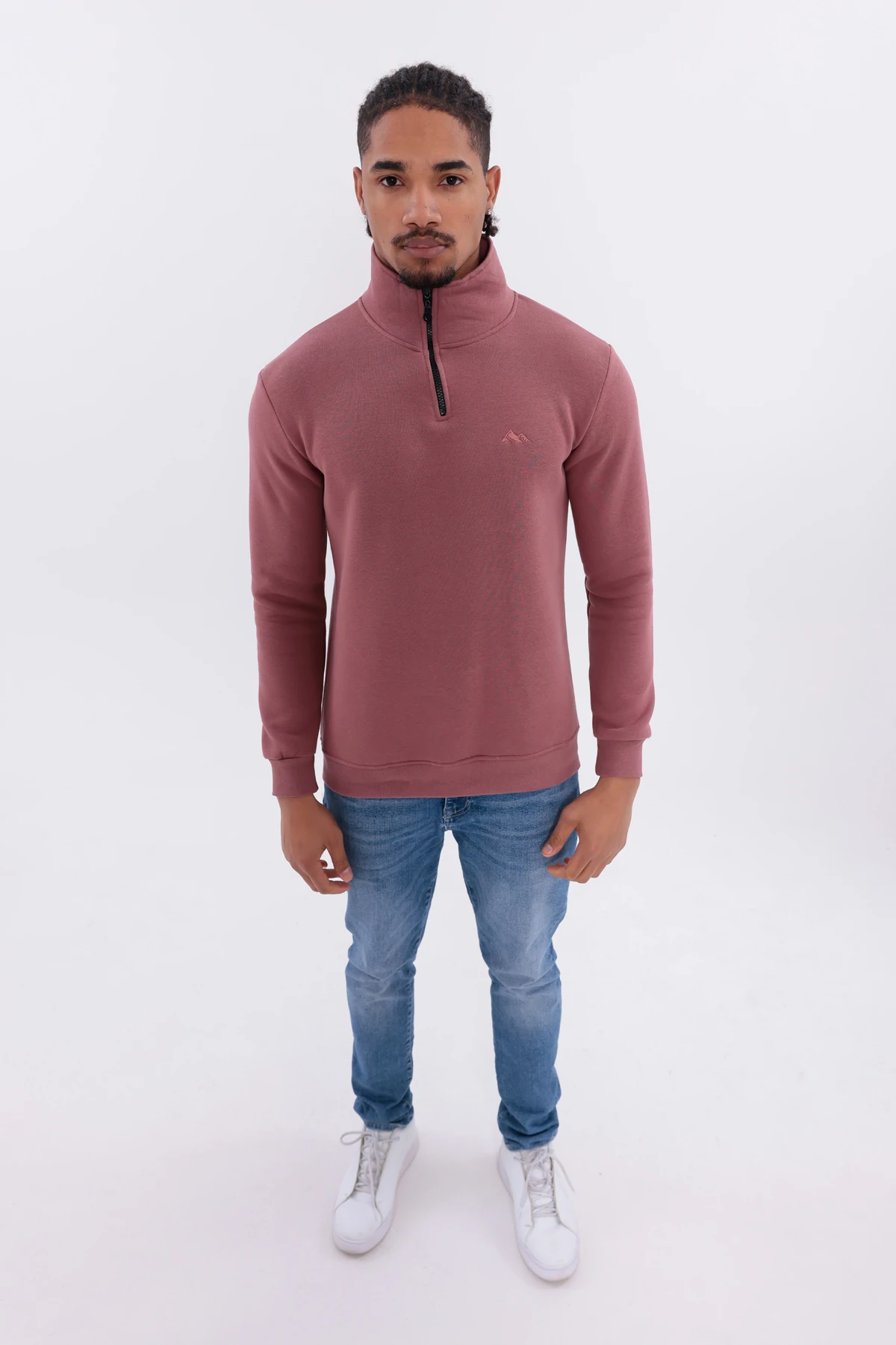 S4 Yarım Fermuarlı 3 İplik Şardonlu Sweatshirt Gülkurusu