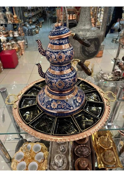 12 Kişilik Ocaklı Çaydanlıklı Bakır Kahvaltı Sunumluğu Full Set Mavi