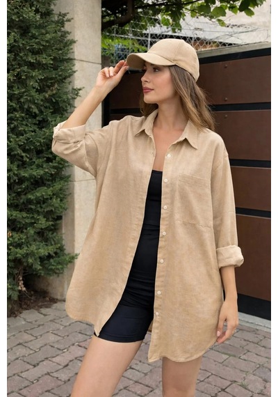 Rouge Basıc Oversize Keten Dokulu %100 Pamuk Salaş Gömlek Bej