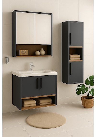 Dmz Home Concept Legna 80 Cm Antrasit-ahşap Renkli, Tamamı MDF, Seramik Lavabolu, Alt - Üst Ve Boy Dolaplı Tamamı Mdf, Banyo Dolabı Seti Dmz Home Concept Legna 80 Cm Antrasit-ahşap Renkli, Tamamı MDF, Seramik Lavabolu, Alt - Üst Ve Boy Dolaplı Tamamı Mdf, Banyo Dolabı Seti