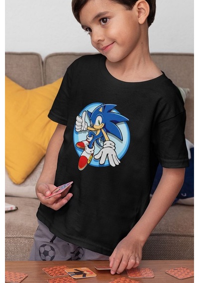 Sevbano Sonic Baskılı Unisex Çizgi Film Çocuk Tişört 1-12 Yaş SIYAH