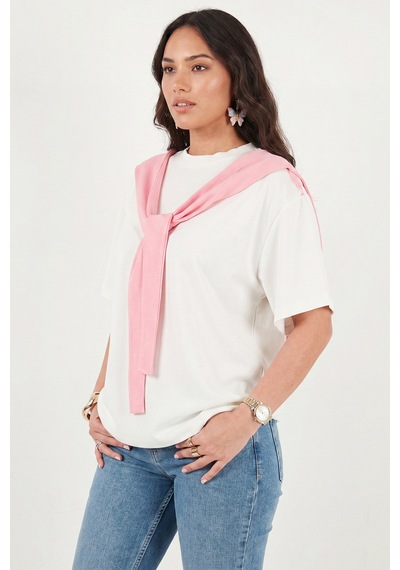Lela Rahat Kalıp Bisiklet Yaka Omuz Şal Detaylı T Shirt Bayan T Shirt 5867044 Ekru-pembe