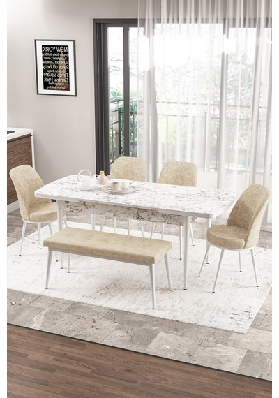 Canisa Concept Zen Serisi 80x132 Mdf Açılabilir Beyaz Mermer Desen Masa Takımı 4 Krem Sandalye Ve 1 Bench Masa Beyaz Mermer Sandalye Ve Bench Krem Canisa Concept Zen Serisi 80x132 Mdf Açılabilir Beyaz Mermer Desen Masa Takımı 4 Krem Sandalye Ve 1 Bench Masa Beyaz Mermer Sandalye Ve Bench Krem