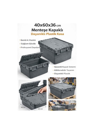 5li 40 60 36 Cm Gri Menteşe Kapaklı Plastik Kasa