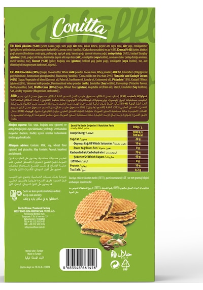 Conitta Waffle Crisps - Antep Fıstıklı Sütlü Çikolatalı Gofret 100 Gr