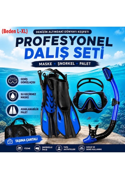Hymark Full Dalış Seti L-xl Beden Maske Şnorkel Palet Ayarlanabilir Profesyonel Deniz Seti Taşıma Çantalı Mavi - Siyah