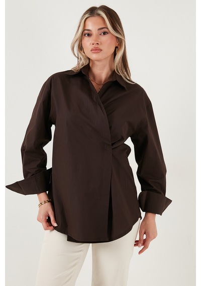Lela Regular Fit Klasik Yaka Bağlamalı Uzun Kollu Bayan Gömlek 6834987 Kahve