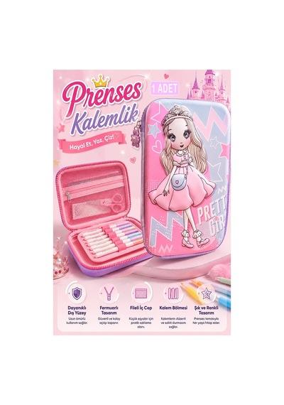 Prenses Kabartmalı Bölmeli Kalemlik 1 Adet P-5984 Kız Çocuk Okul Kalem Kutusu 3 Boyutlu Fermuarlı Hediyelik Pembe