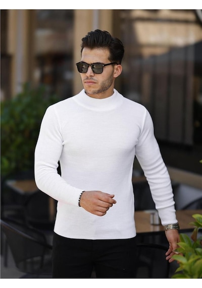 Beyaz Erkek Slim Fit Yarım Balıkçı Fitilli Triko Kazak-trz19158r03s Beyaz