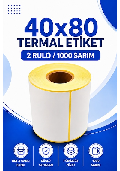 40x80mm Termal Etiket 2 Rulo 1000 Sarım Ribonsuz Kargo, Lojistik, Depo Yapışkanlı 1