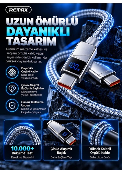 Remax Cb02-cc 100w Dijital Ekranlı Hızlı Şarj Ve Data Kablosu Type-c To Type-c 1.2 Metre Gri