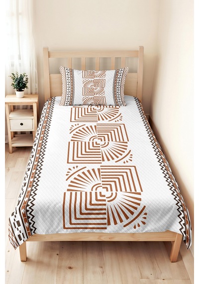 Kahverengi Geometrik Tek Kişilik Dekoratif Pike Takımı - Beyaz Etnik Bohem 160x220 Cm Yatak Örtüsü Kumlu Misk Uyumu