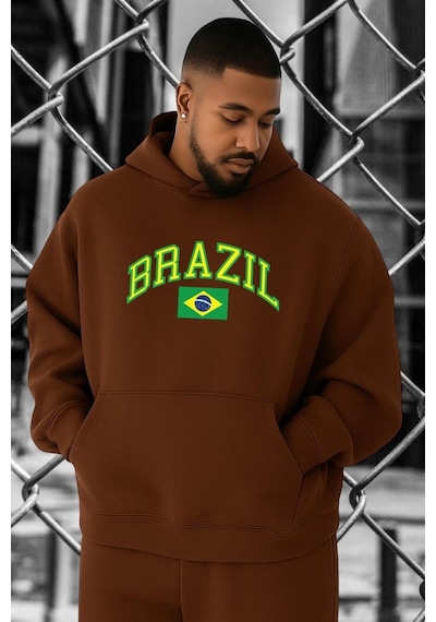 Benroma 3 İplik Penye Brazil Baskılı Büyük Beden Sweatshırt Kahverengi