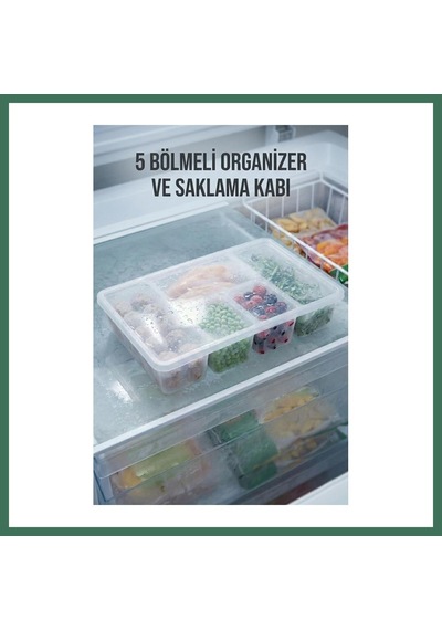 En-cag 5 Bölmeli Şeffaf Buzdolabı İçi Düzenleyici & Kapaklı Dondurucu Saklama Kabı 24x38 Cm Bss