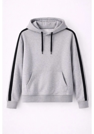 Barlashive Erkek Şeritli Kapüşonlu Sweatshirt Oversize 3 İplik Pamuklu Hoodie - Gri Çok Renkli