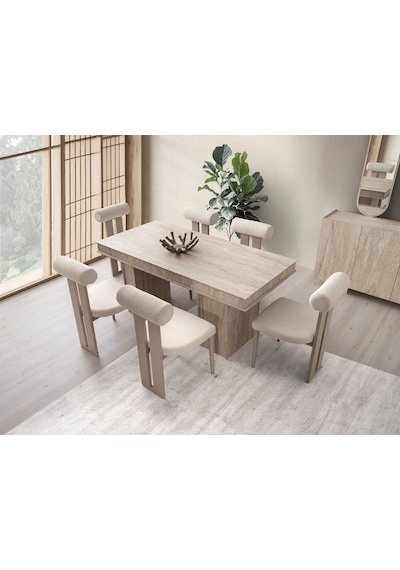Traverten Mdf Masa +6 Sandalye Kum