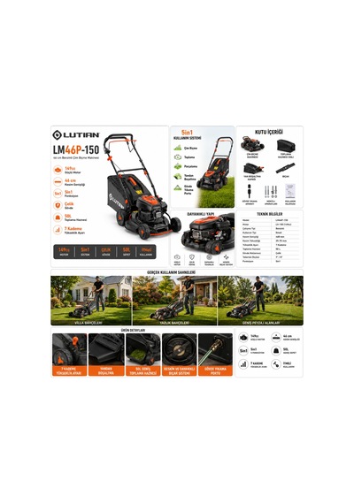 Lutian Lm46p-150 Benzinli Çim Biçme Makinesi 46 Cm 149cc İtmeli 5in1 Çim Kesme