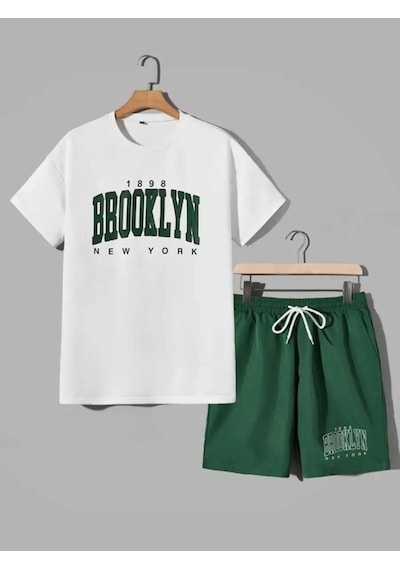 Brooklyn New York 1898 Alt Üst Baskılı Beyaz T-shirt Nefti Yeşil Şort Takım Oversize Unisex Yeşil Şort - Beyaz T-shirt Brooklyn New York 1898 Alt Üst Baskılı Beyaz T-shirt Nefti Yeşil Şort Takım Oversize Unisex Yeşil Şort - Beyaz T-shirt