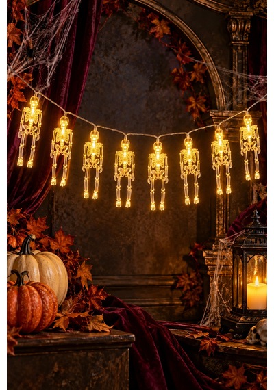 Halloween 2 Metre 9 Adet 12 Cm İskeletli Sarı Led Işıklı Pilli Cadılar Bayramı Asma Parti Dekoru Renkli
