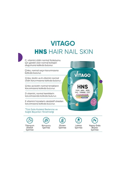 Vitago Hns Hair Nail Skin Biotin, Folik Asit, Vitamin E Ve Hidrolize Keratin İçeren 60 Adet Çiğnenebilir Gummies Form Takviye Edici Gıda