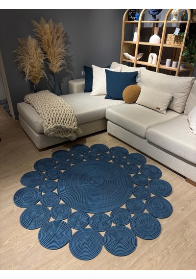 Mavaux Papatya Hasır Jüt Çiçek Desenli Kilim Halı Mavi